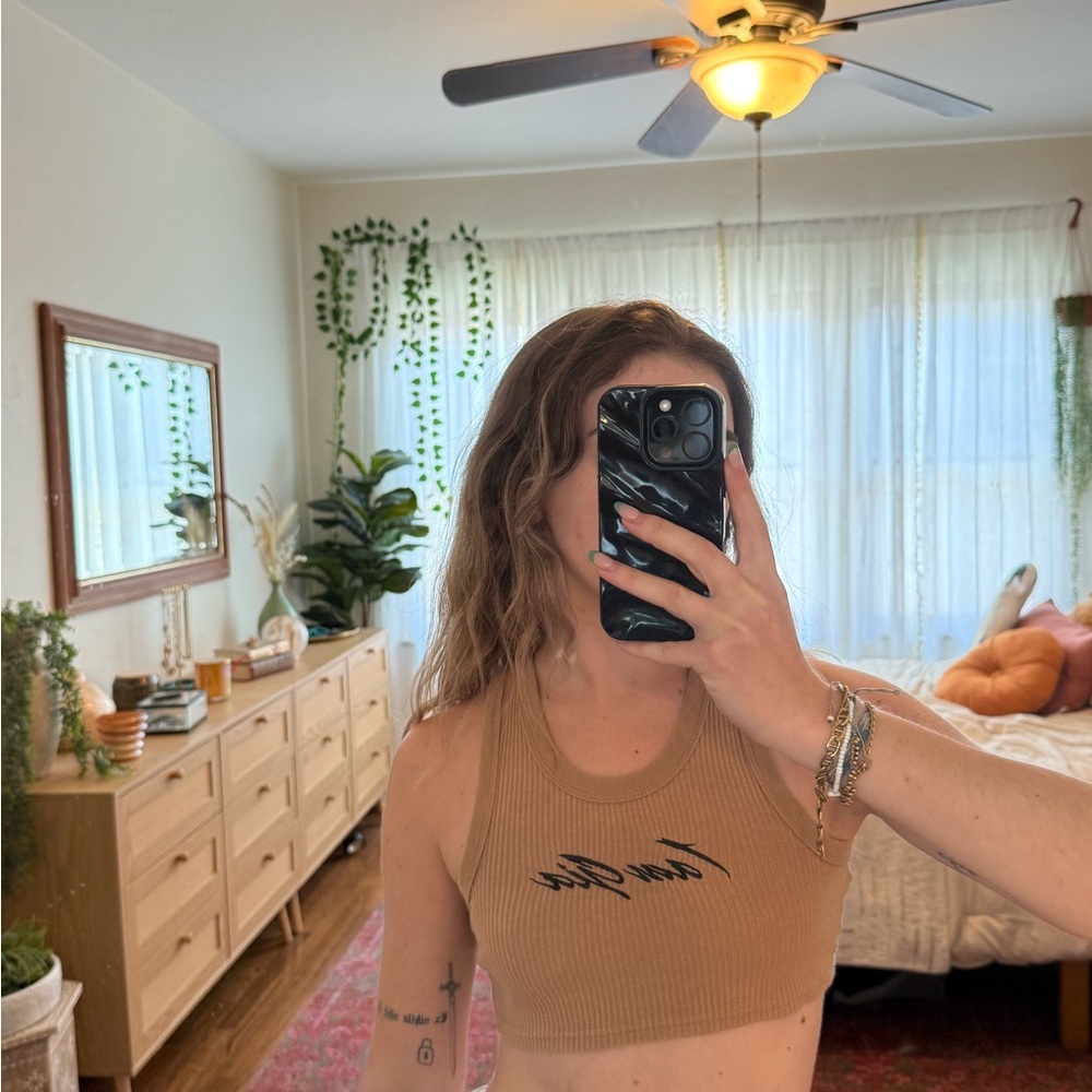 Tan Ribbed Crop Top with Black Script